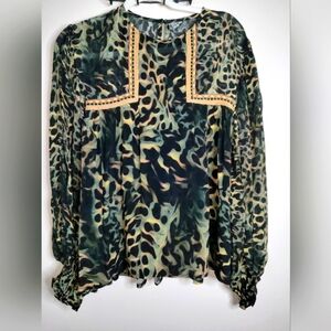 Blank London (Size S) Multicolored LS Embroidered Joelle Leopard Peasant Blouse